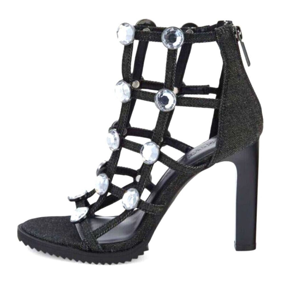 Karl Lagerfeld Stiletto Sandals 5 Crystal Denim Bling Party Sexy Black Beatriz